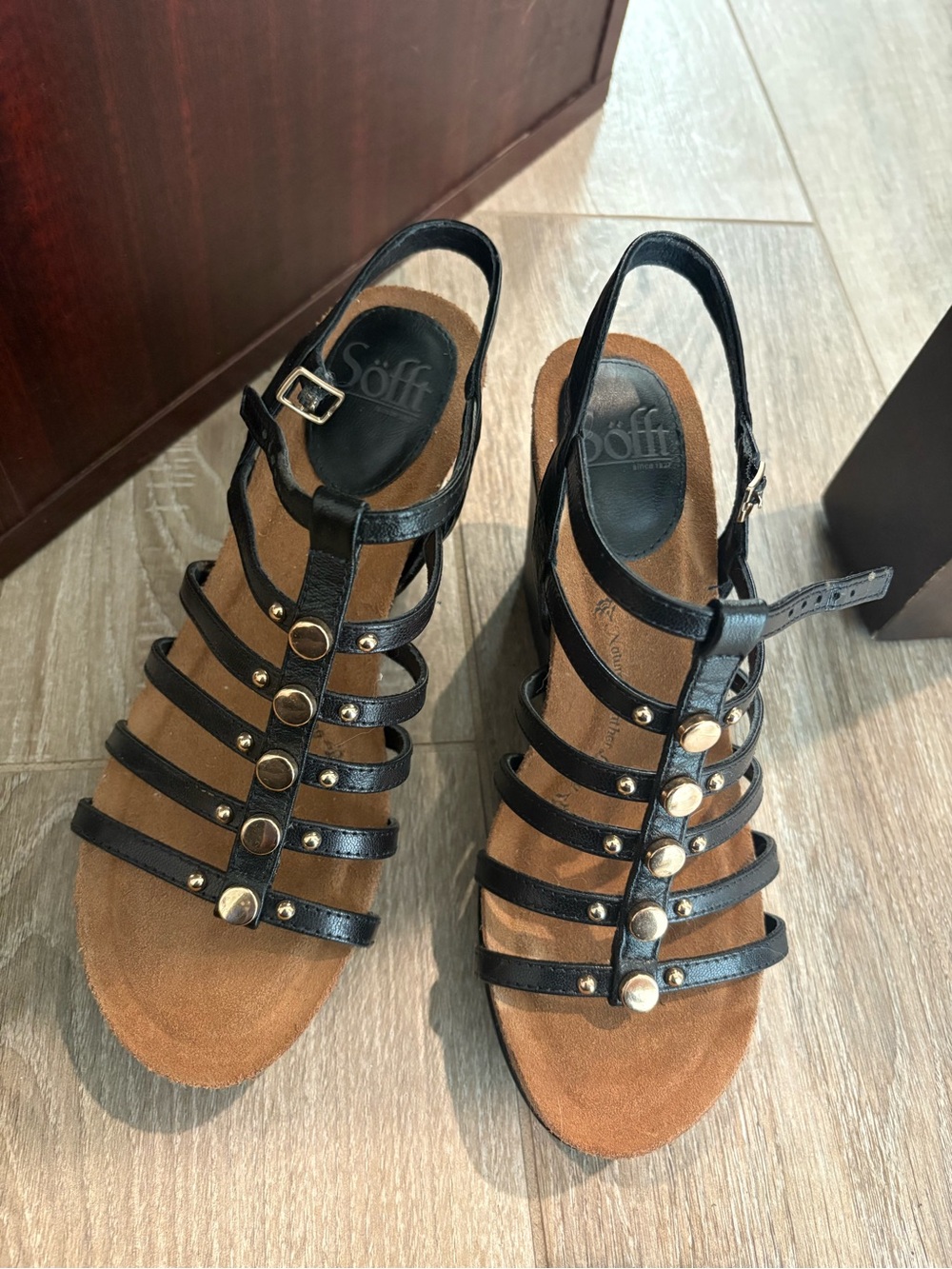 Sofft Black Strappy Gladiator Sandals with Gold Studs